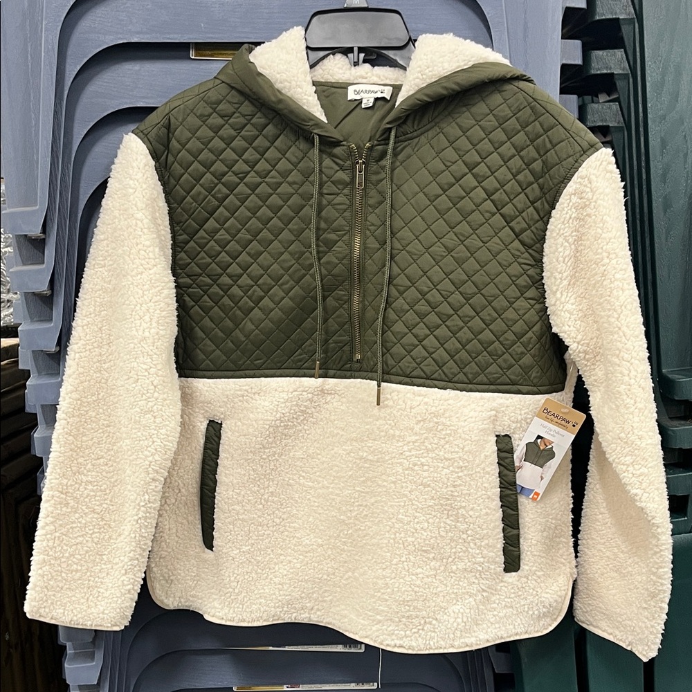 Green Olive and Cream Quilted Sherpa Hoodie